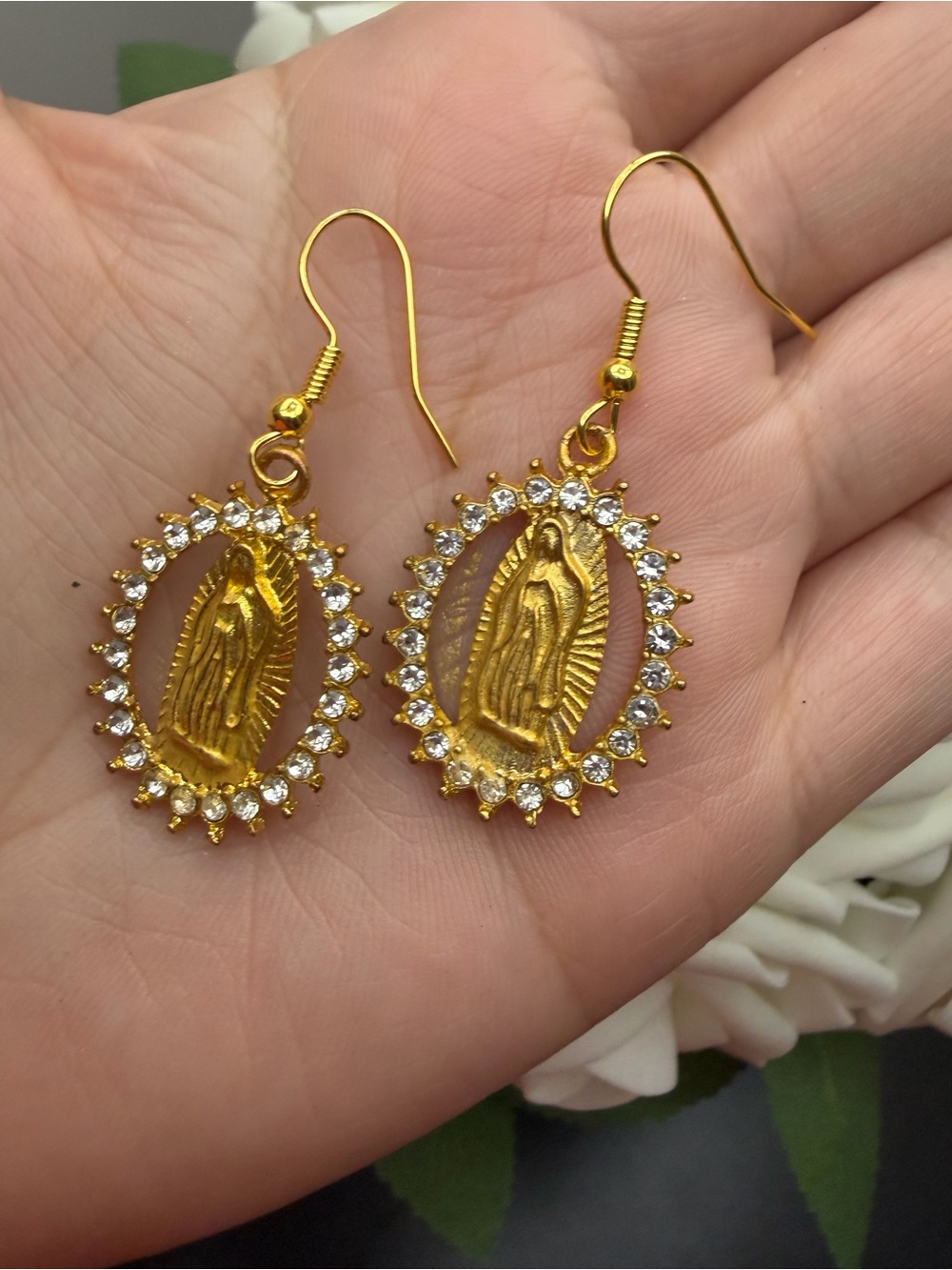 Gold-Tone Religious Oval Drop Earrings with Crystal Halo